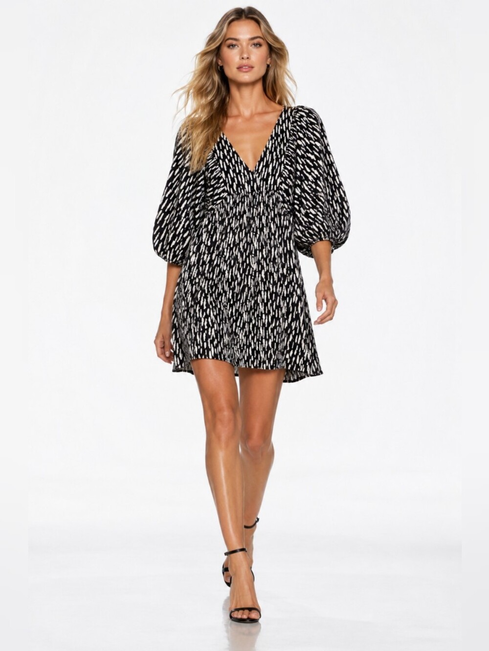 Böhme Black White Abstract Print Puff Sleeve Mini Dress Small